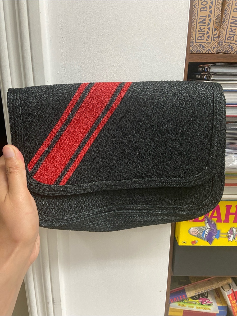 Vintage Handwoven Black Crossbody Bag with Red Stripe - Textured Flap Bag